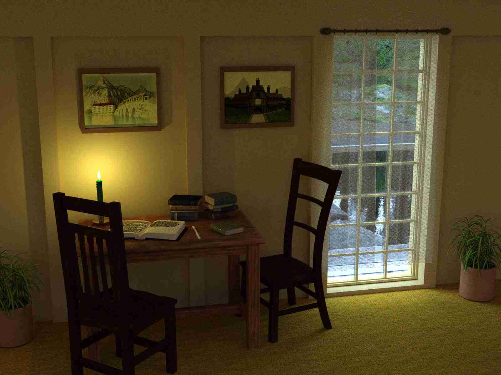 Cozy home office with wooden desk and chairs Home office setup with wooden desk, two chairs, and artwork on the wall.